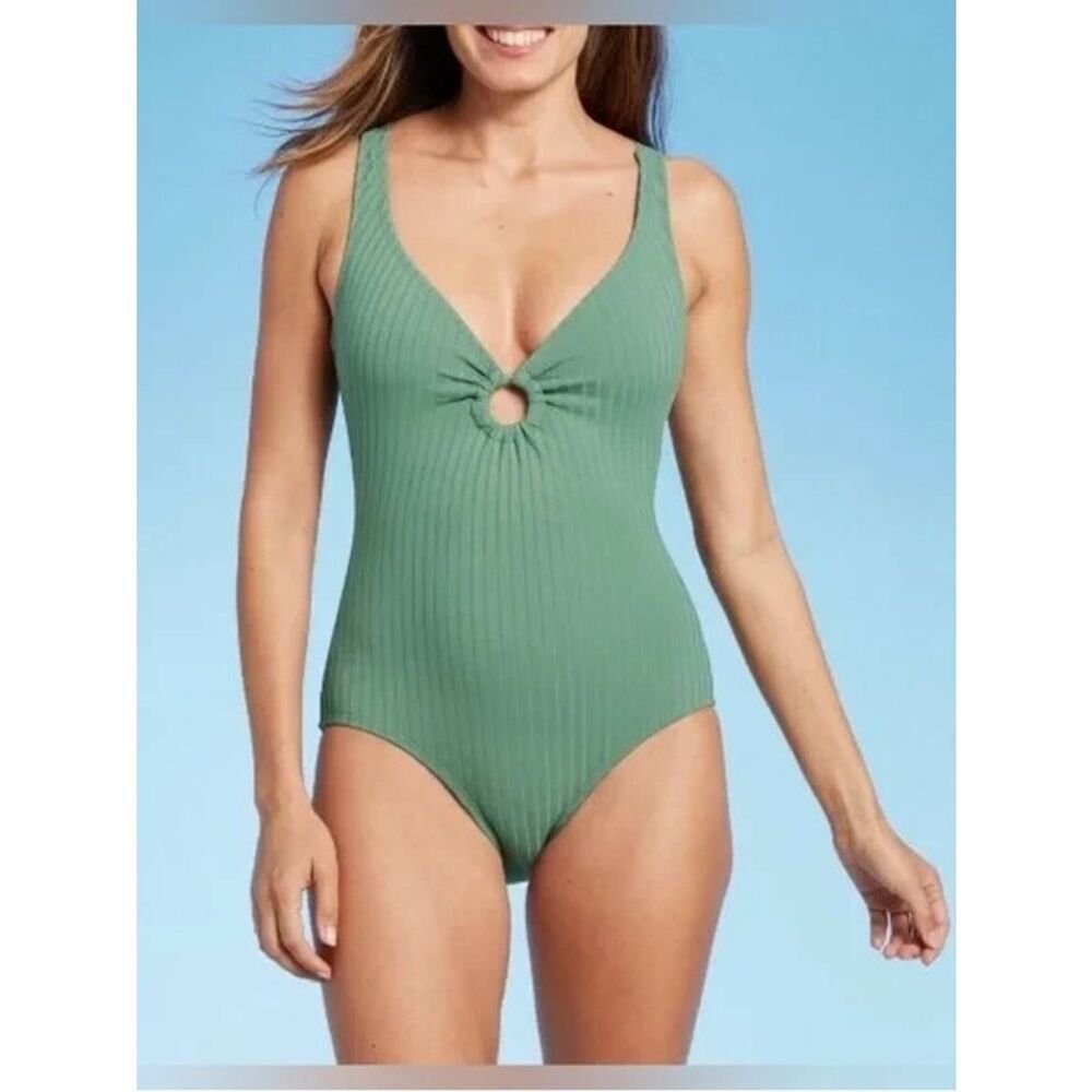 Kona Sol Ribbed Keyhole One-Piece Swimsuit - Sage Green (Size: Large)